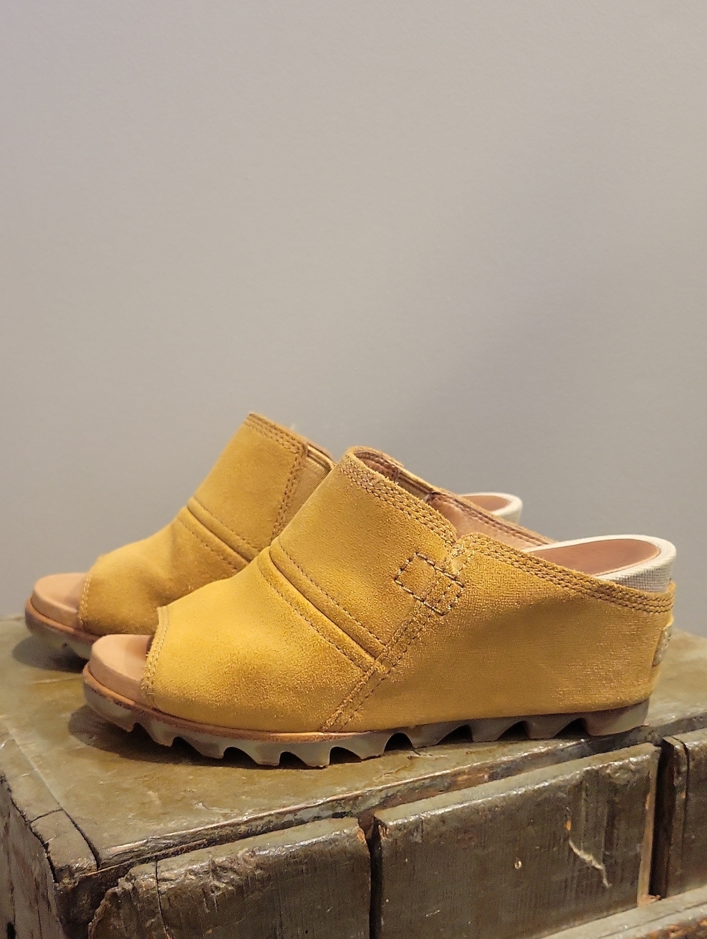 Sorel Tan Suede Open-Toe Wedge Clogs
